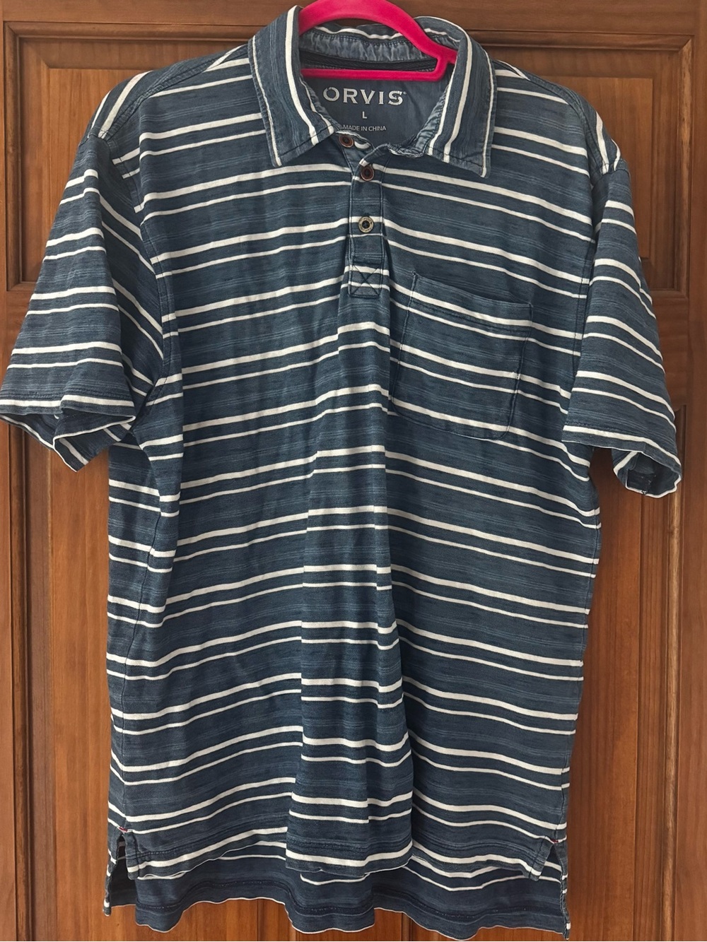 Orvis Polo Shirt Men’s Large Blue Striped Relaxed Short Sleeve Cotton Casual